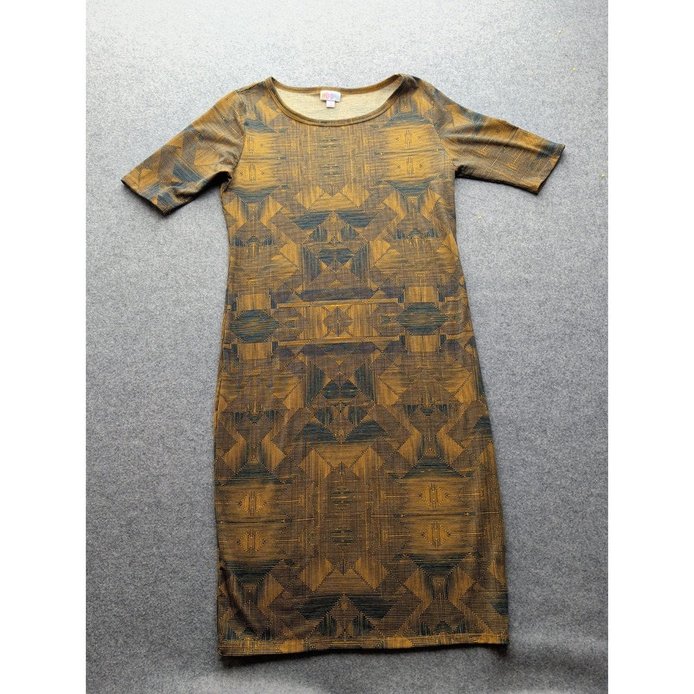 LuLaRoe Julia dress featuring a brown and black geometric pattern Size M Retired